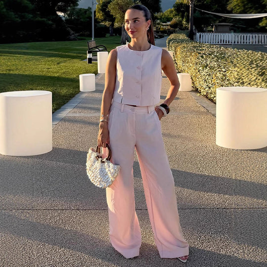 Damen Hochtaillierte weite Sommerhose mit Bügelfalte und Eingrifftaschen Nord Taschen