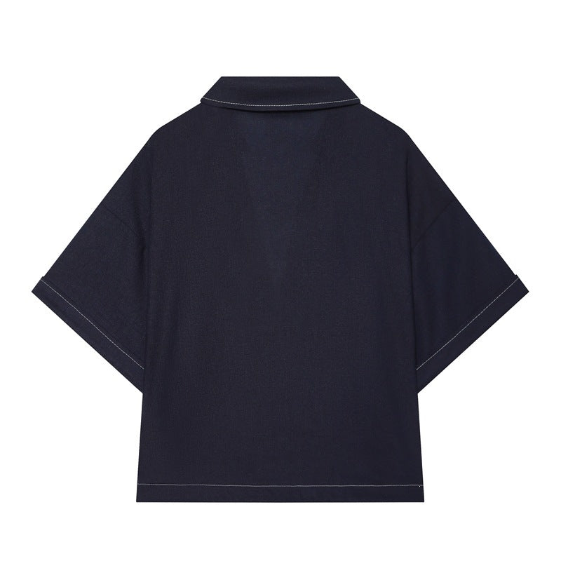 Damen Boxy‑Hemdbluse mit offenem V‑Ausschnitt, kurzem Oversize‑Arm und Kontrastnaht Nord Taschen