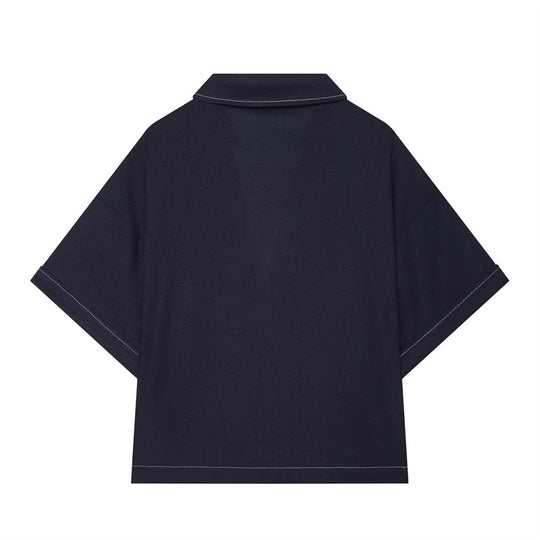 Damen Boxy‑Hemdbluse mit offenem V‑Ausschnitt, kurzem Oversize‑Arm und Kontrastnaht Nord Taschen