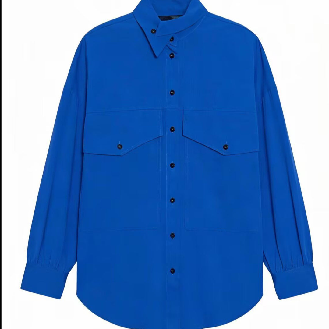 Damen Oversize-Hemdbluse-Jacke mit Pattentaschen und Stehkragen Nord Taschen