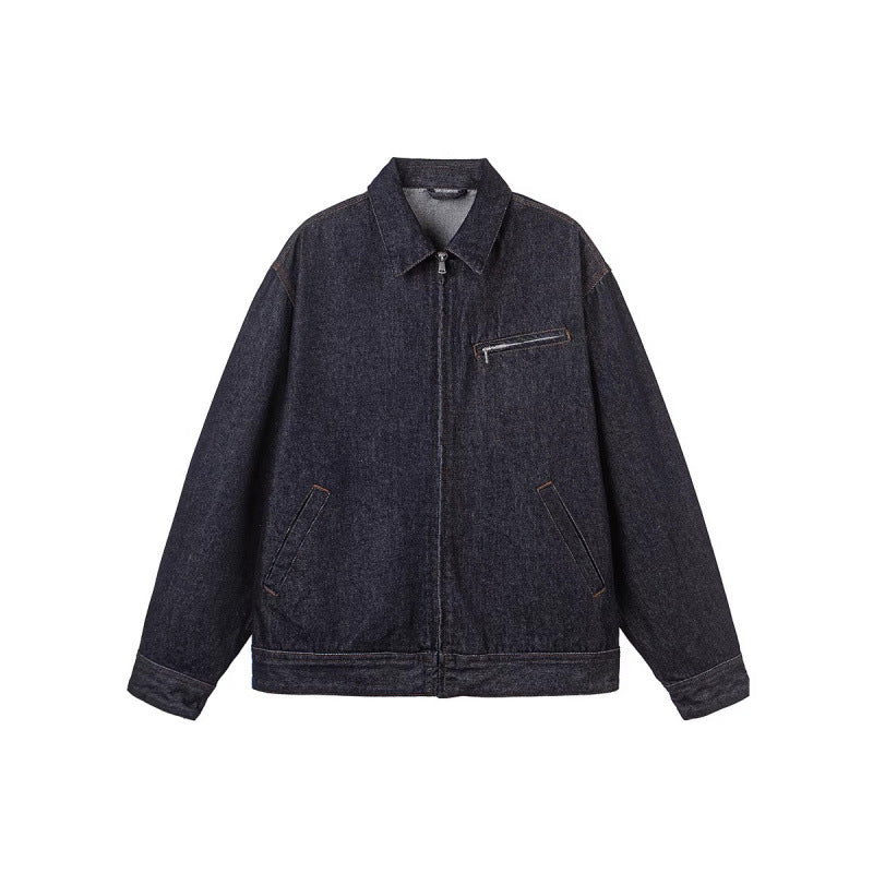 Herren Boxy-Denimjacke mit durchgehendem Reißverschluss, Brust-Reißverschlusstasche und Hemdkragen Nord Taschen