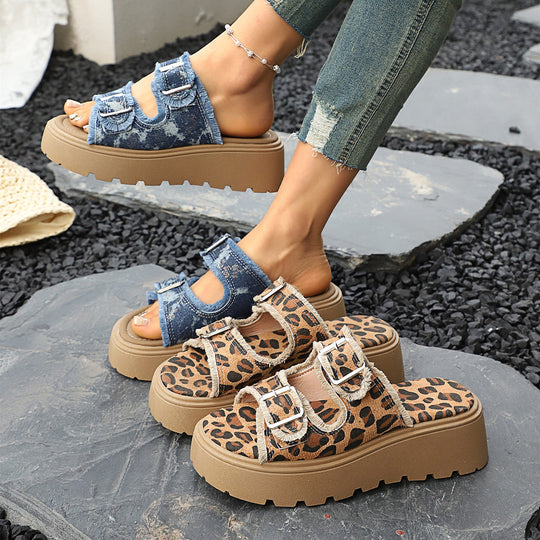 Damen Plateau-Pantoletten mit verstellbaren Riemen und trendiger Denim-Optik