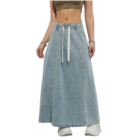 Damen Langer A-Linien Jeansrock mit elastischem Bund und Kordel Nord Taschen