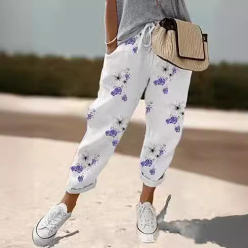 Damen Leinen-Joggerhose mit Kordelzug, lockerer Tapered-Schnitt und gekrempelten Säumen Nord Taschen