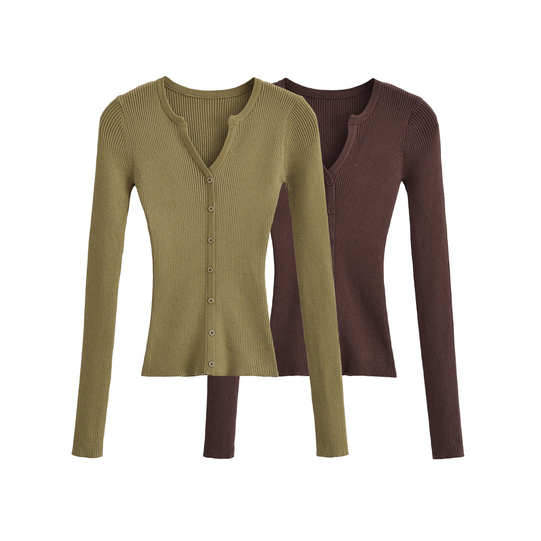 Damen Gerippte Feinstrick-Cardigan mit tiefem V-Ausschnitt und Knopfleiste Nord Taschen