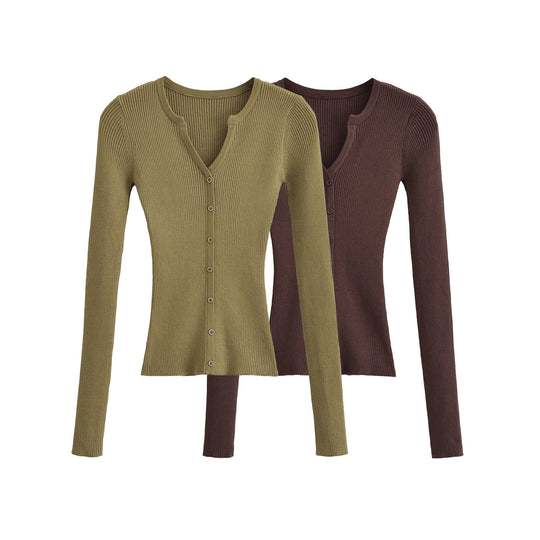 Damen Gerippte Feinstrick-Cardigan mit tiefem V-Ausschnitt und Knopfleiste Nord Taschen