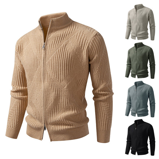 Herren Reißverschluss-Cardigan mit geometrischem Fischgrätstrick und Stehkragen Nord Taschen