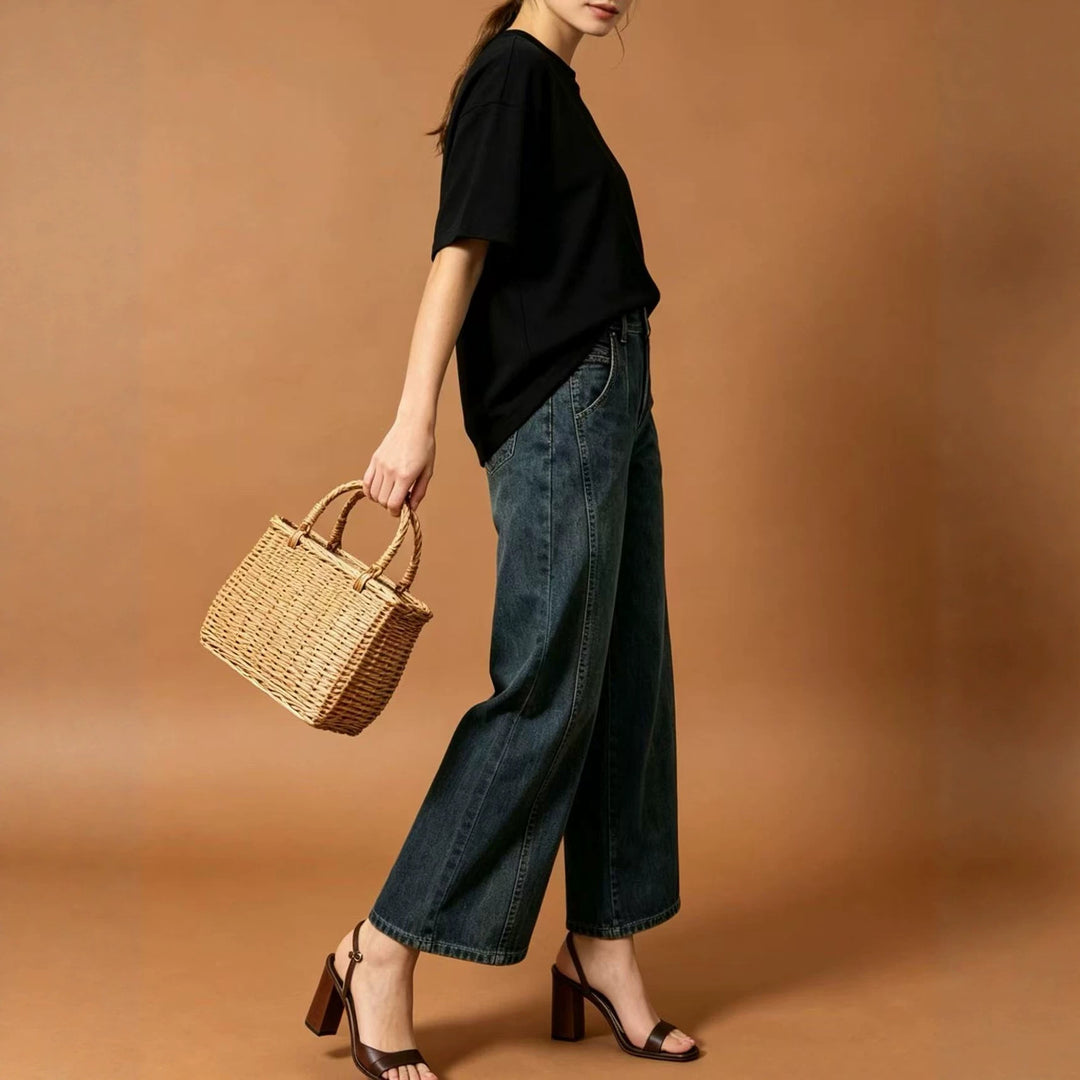 Damen hohe Taille Plissée Wide-Leg-Denimhose mit verkürztem Bein und dekorativen Vorderfalten Nord Taschen