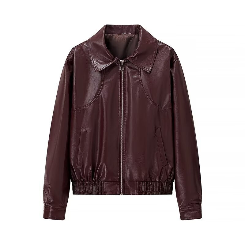 Damen Kurz geschnittene Lederoptik-Jacke mit betonten Schultern, Reißverschluss und Hemdkragen Nord Taschen