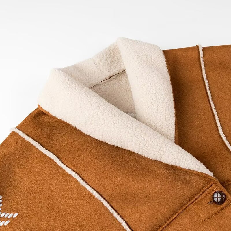 Damen Stickjacke im Lammfell‑Look mit Schalkragen Nord Taschen