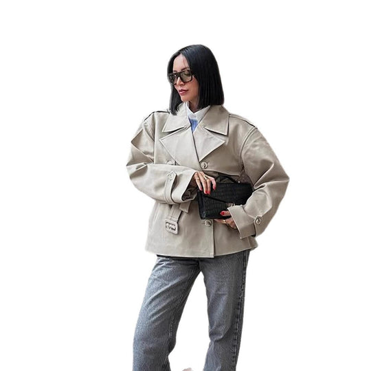 Damen Kurzjacke im Trench-Stil mit taillierendem Bindegürtel und weitem Ärmel Nord Taschen