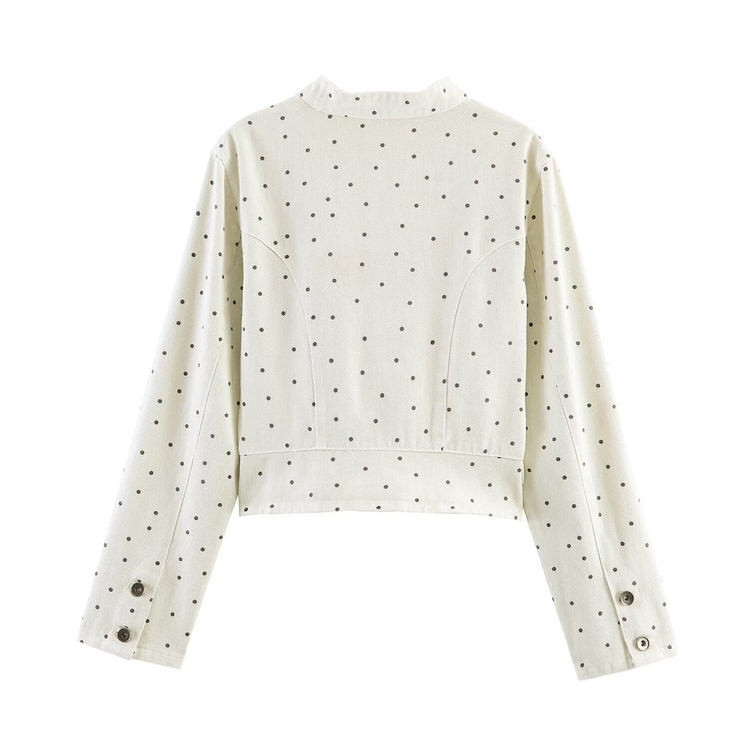 Damen Gepunktete Cropped-Jacke mit Stehkragen, Reißverschluss und aufgesetzten Taschen Nord Taschen