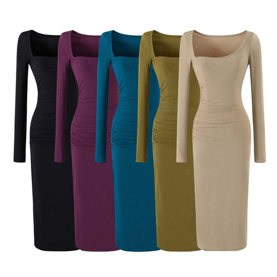 Damen Figurbetontes Midikleid mit tiefem Rundhalsausschnitt, langen Ärmeln und seitlicher Raffung Nord Taschen