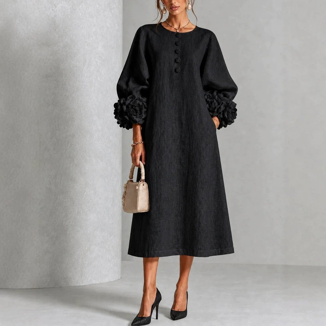 Damen Midikleid aus Leinen mit Ballonärmeln und 3D-Blütenmanschetten Nord Taschen