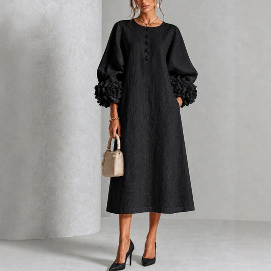Damen Midikleid aus Leinen mit Ballonärmeln und 3D-Blütenmanschetten Nord Taschen