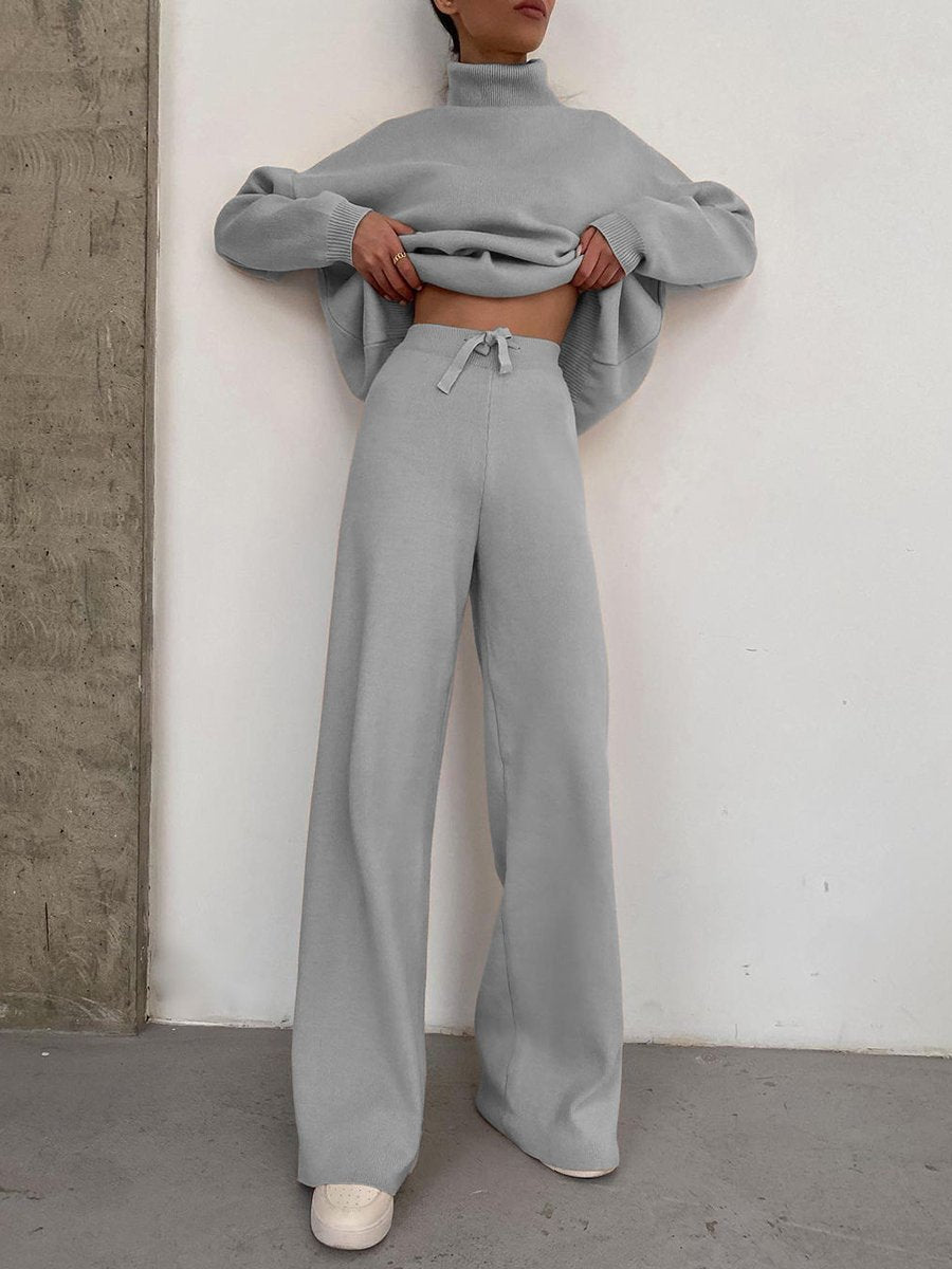 Damen Weite Strickhose mit hoher Taille, Tunnelzug und weitem Bein Nord Taschen