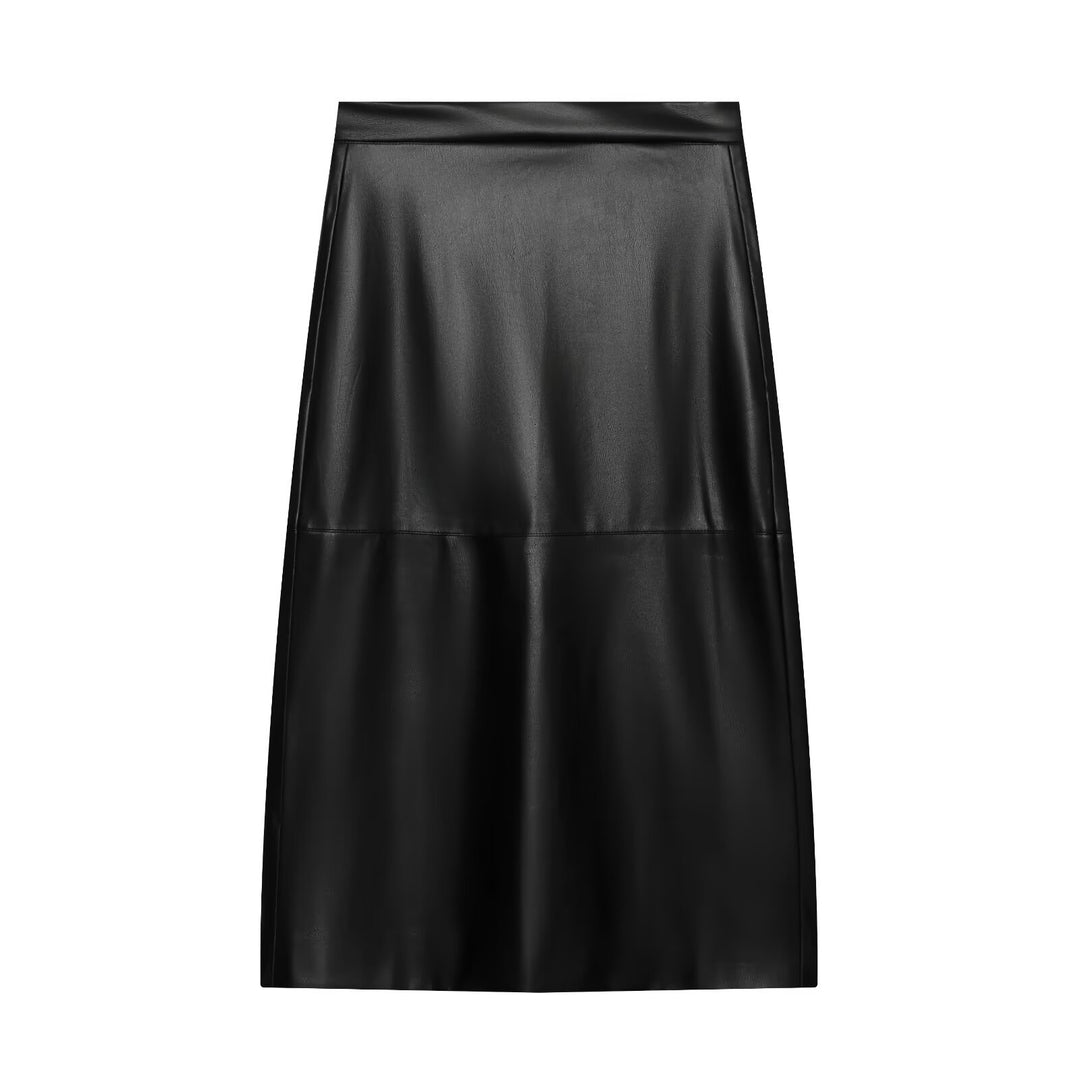 Damen Taillierter Midirock aus Kunstleder mit abgesteppten Teilungsnähten Nord Taschen