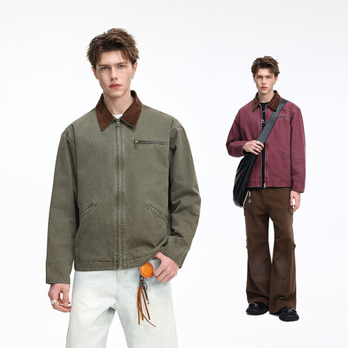 Herren Freizeitjacke aus gewaschenem Baumwollcanvas mit Cordkragen und Reißverschluss-Tasche Nord Taschen