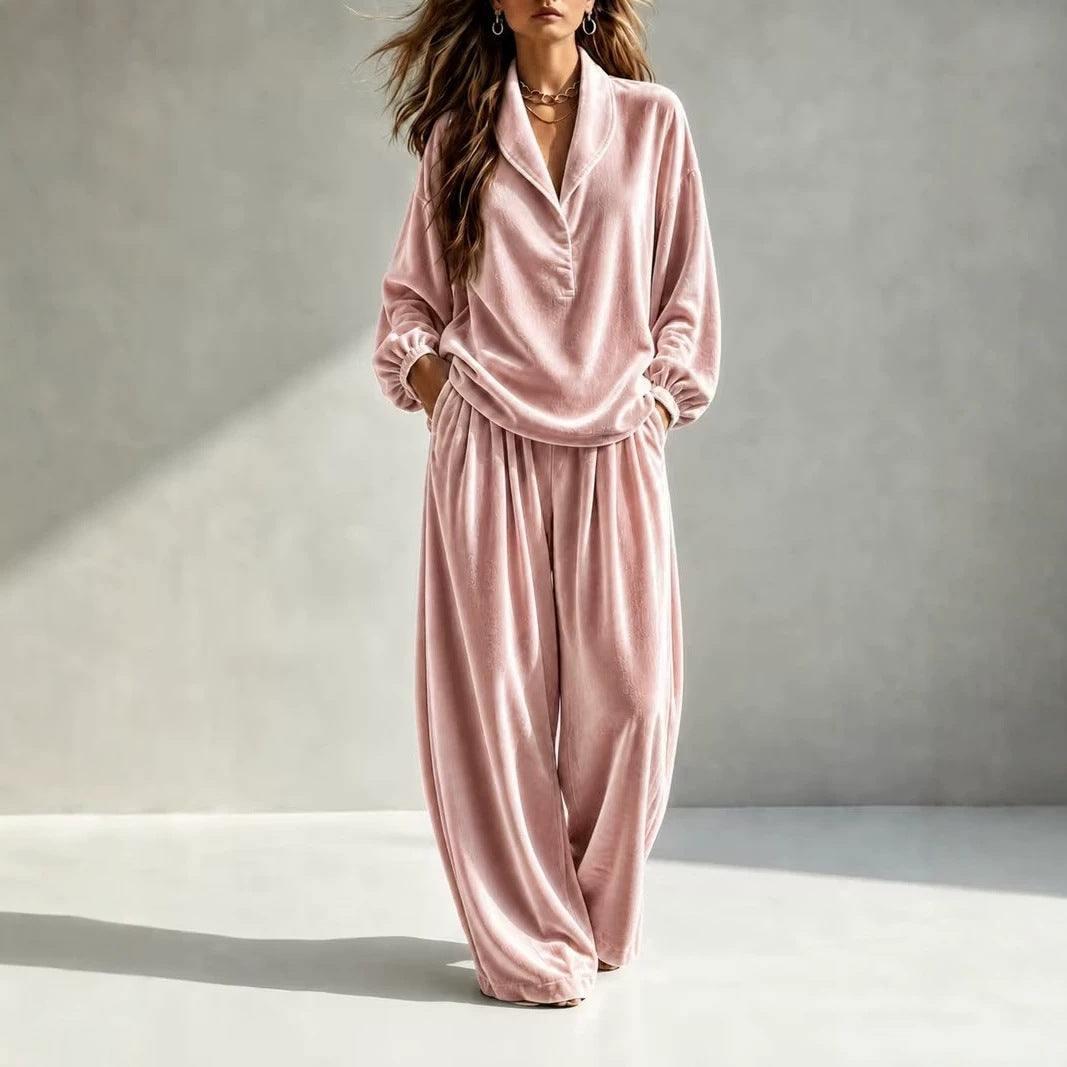 Damen Luxuriöses Velours-Loungewear-Set mit Schalkragen und weiter Palazzo-Hose Nord Taschen