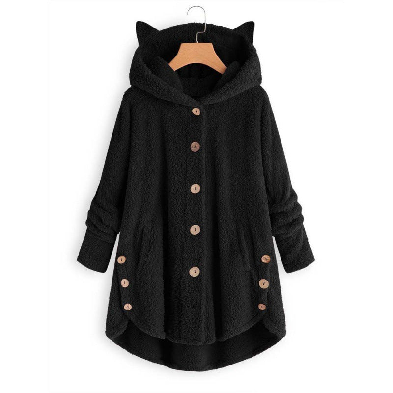 Damen Kapuzen-Teddy-Mantel mit Katzenohren, Knopfleiste und asymmetrischem Saum Nord Taschen