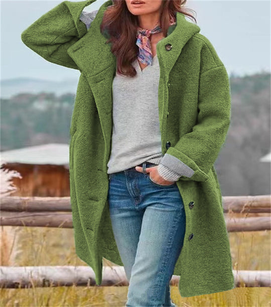 Damen Bouclé-Kapuzenmantel im Oversize-Schnitt mit verdeckter Knopfleiste Nord Taschen