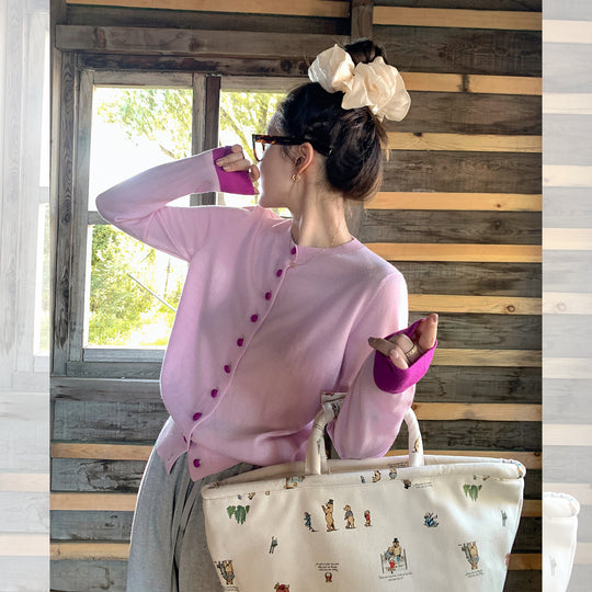 Damen Asymmetrischer Feinstrick-Cardigan mit Kontrastknöpfen und Daumenlochbündchen Nord Taschen