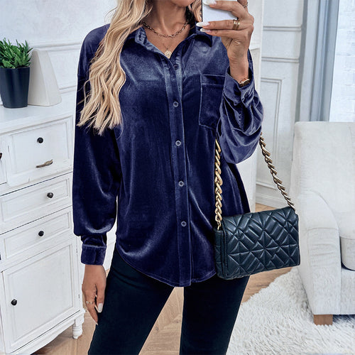 Damen Elegante Samt Bluse mit Knopfdetails Nord Taschen