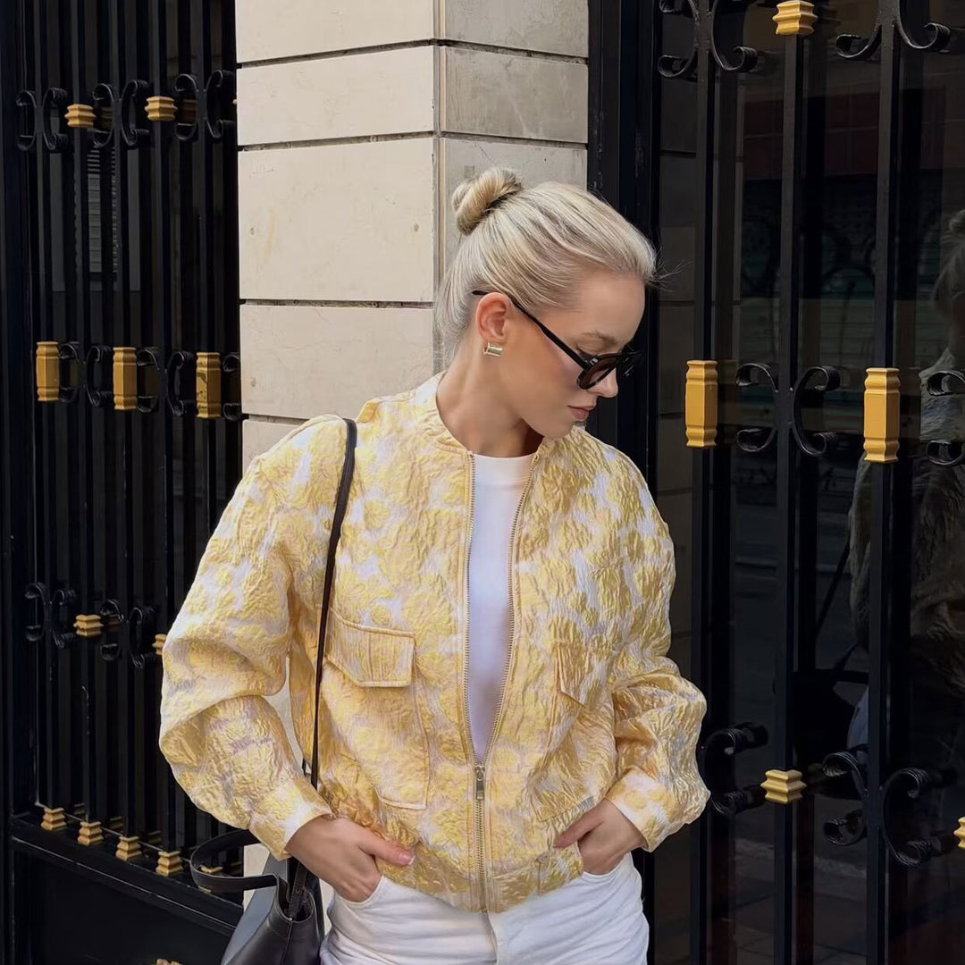 Damen Geprägte Bomberjacke mit Blumenjacquard, Reißverschluss und aufgesetzten Taschen Nord Taschen
