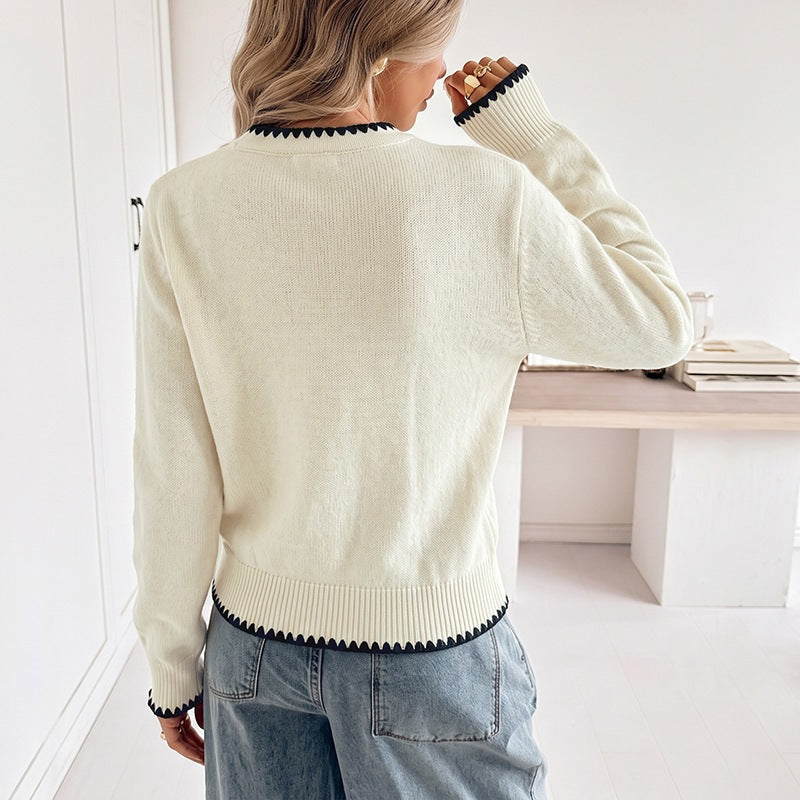 Damen Feingestrickter V‑Ausschnitt‑Cardigan mit kontrastierender Zierkante und Zierknöpfen Nord Taschen