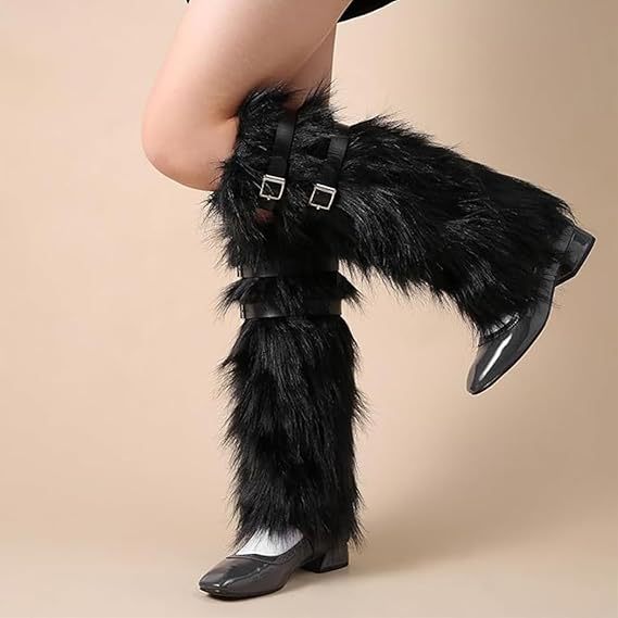 Damen Lange Kunstfell-Beinwärmer mit verstellbaren Schnallen und Plateau-Stulpen Nord Taschen