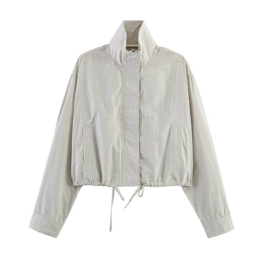 Damen Gekürzte karierte leichte Blousonjacke mit Stehkragen, Tunnelzugsaum und verdeckter Knopfleiste Nord Taschen