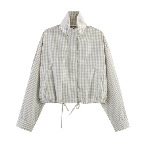 Damen Gekürzte karierte leichte Blousonjacke mit Stehkragen, Tunnelzugsaum und verdeckter Knopfleiste Nord Taschen