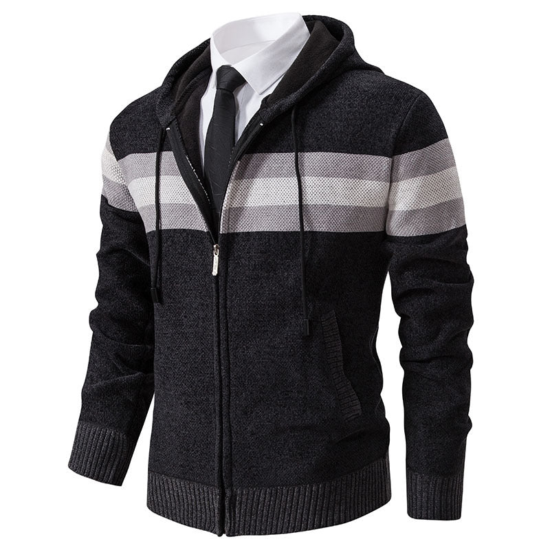 Herren Gestrickte Kapuzen-Strickjacke mit Kontraststreifen und Reißverschluss Nord Taschen