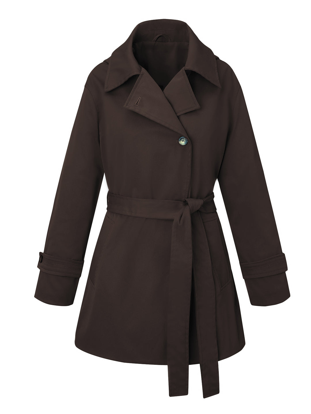 Damen Kurztrenchcoat mit tailliertem Bindegürtel und weitem Revers Nord Taschen