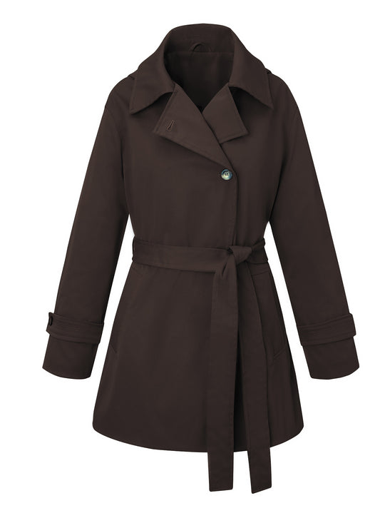 Damen Kurztrenchcoat mit tailliertem Bindegürtel und weitem Revers Nord Taschen