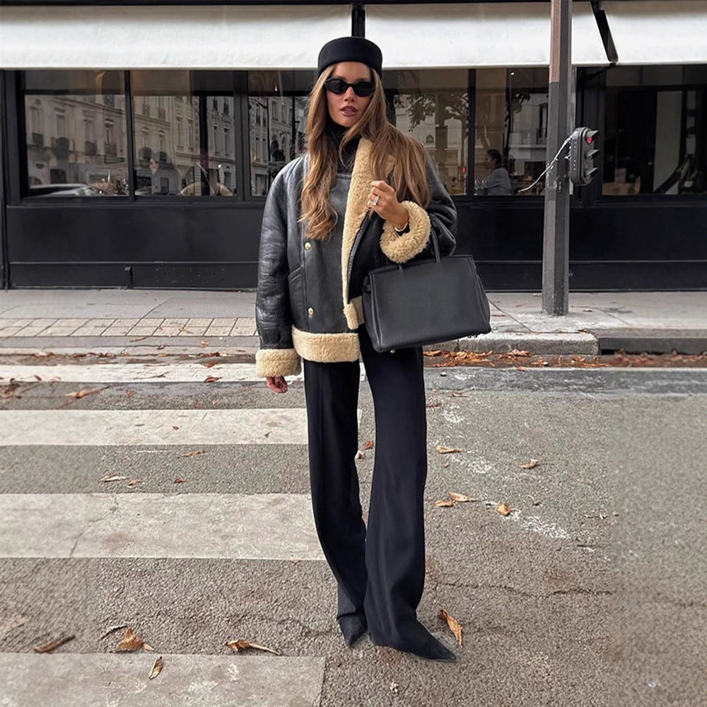 Damen Kurzjacke im Aviator‑Stil mit Teddy‑Innenfutter und doppelreihiger Druckknopffront Nord Taschen