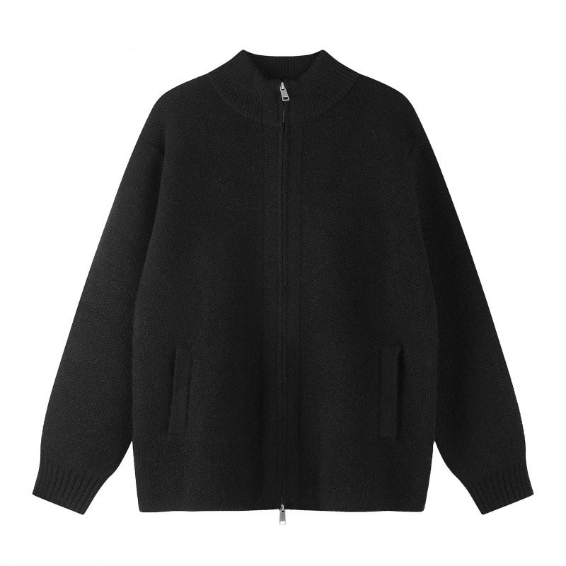 Damen Oversize-Strickzipjacke mit Stehkragen und Zwei-Wege-Reißverschluss Nord Taschen
