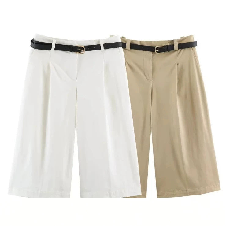 Damen Hochtaillierte Culotte‑Shorts mit Bügelfalte und Ziergürtel Nord Taschen