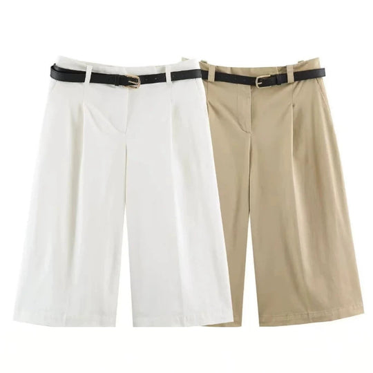 Damen Hochtaillierte Culotte‑Shorts mit Bügelfalte und Ziergürtel Nord Taschen