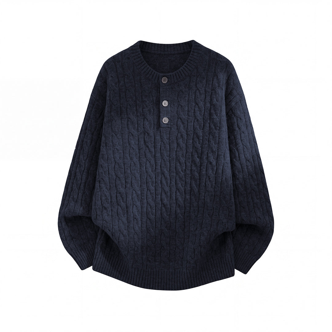Unisex Oversize Zopfmuster-Strickpullover mit Henley-Knopfleiste Nord Taschen