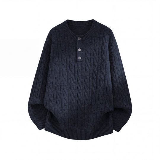 Unisex Oversize Zopfmuster-Strickpullover mit Henley-Knopfleiste Nord Taschen