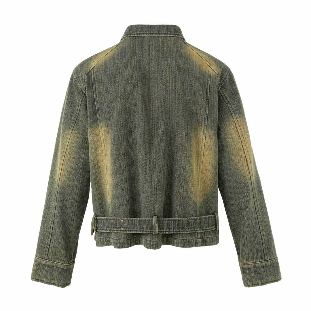 Damen Bestickte kurze Denim-Blousonjacke mit Taillengürtel und Reißverschluss Nord Taschen