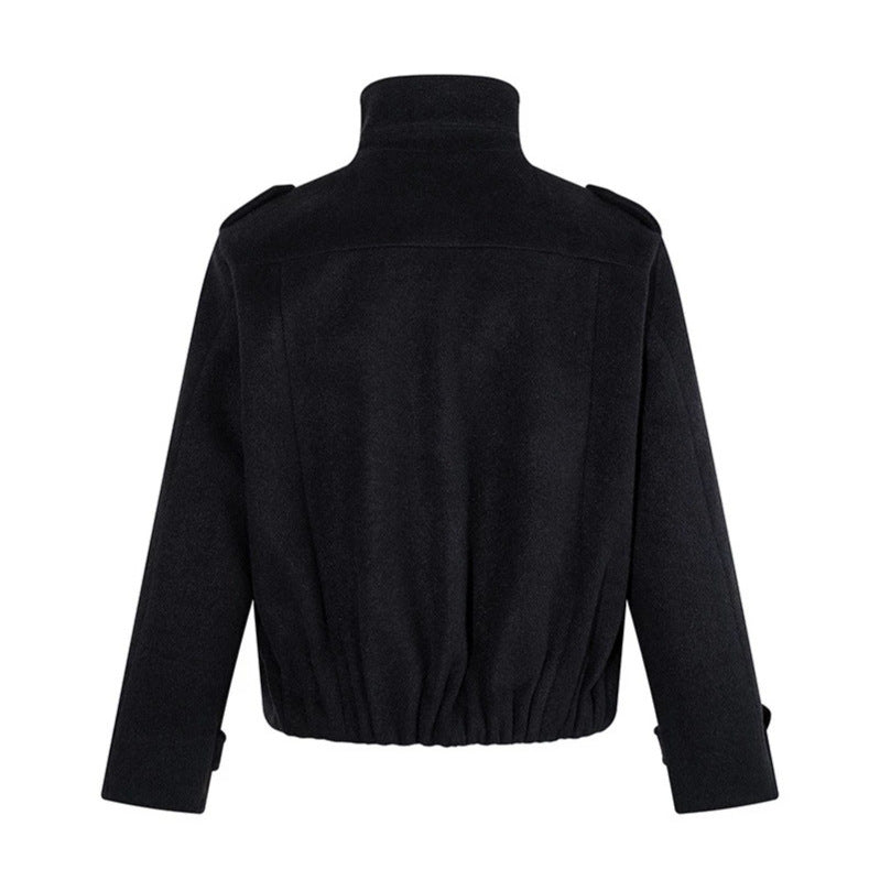 Damen Kurze Doppelreihige Militärische Cabanjacke mit Stehkragen und Epauletten Nord Taschen