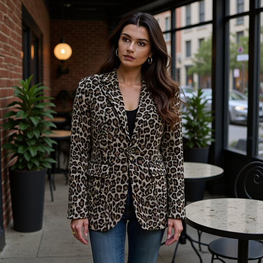 Damen Leopardenprint Bouclé-Blazer mit Reverskragen und aufgesetzten Pattentaschen Nord Taschen
