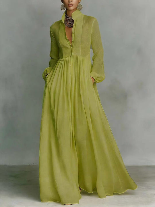 Damen Maxikleid mit Stehkragen, Knopfleiste und seitlichen Taschen Nord Taschen