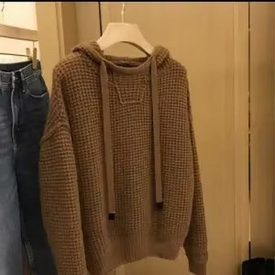 Damen Grob gestrickter Kapuzenpullover mit Waffelstruktur und Kordelzug Nord Taschen