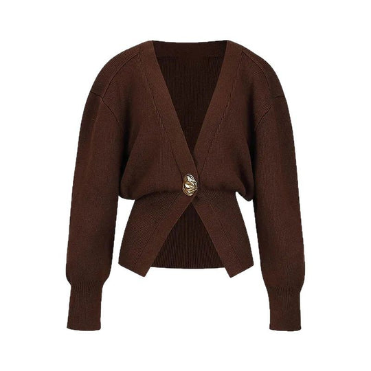 Damen 500+ Cropped‑Cardigan mit Taillenraffung, tiefem V‑Ausschnitt und großem Zierknopf Nord Taschen