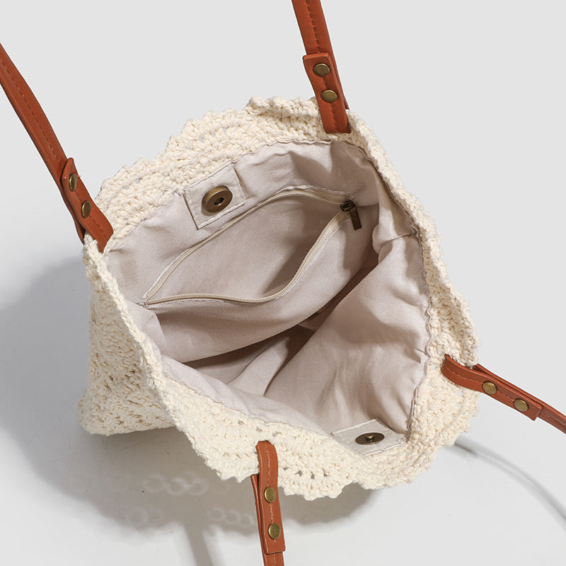 Damen Stricktasche mit elegantem Kunstledergriff und dekorativem Häkeldesign Nord Taschen