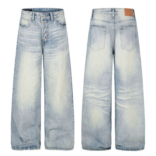 Damen High‑Waist weite Denim‑Palazzo‑Jeans mit Knopfleiste und Used‑Waschung Nord Taschen