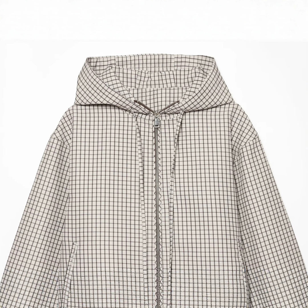 Damen Karierter Cropped‑Windbreaker mit Kapuze, Tunnelzug und Reißverschluss Nord Taschen